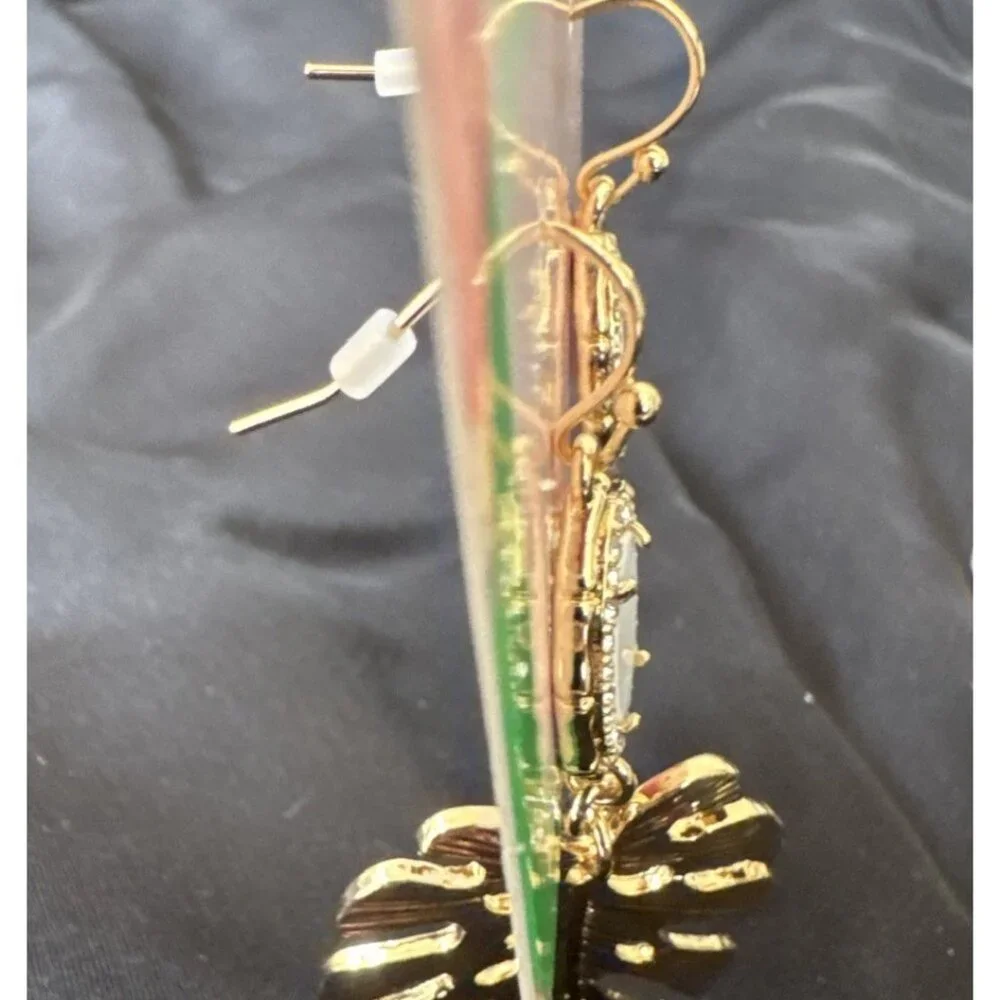 NWT Lilly Pulitzer Earrings Goldtone CZ Monstera Leaves Dangle Pierced NEW